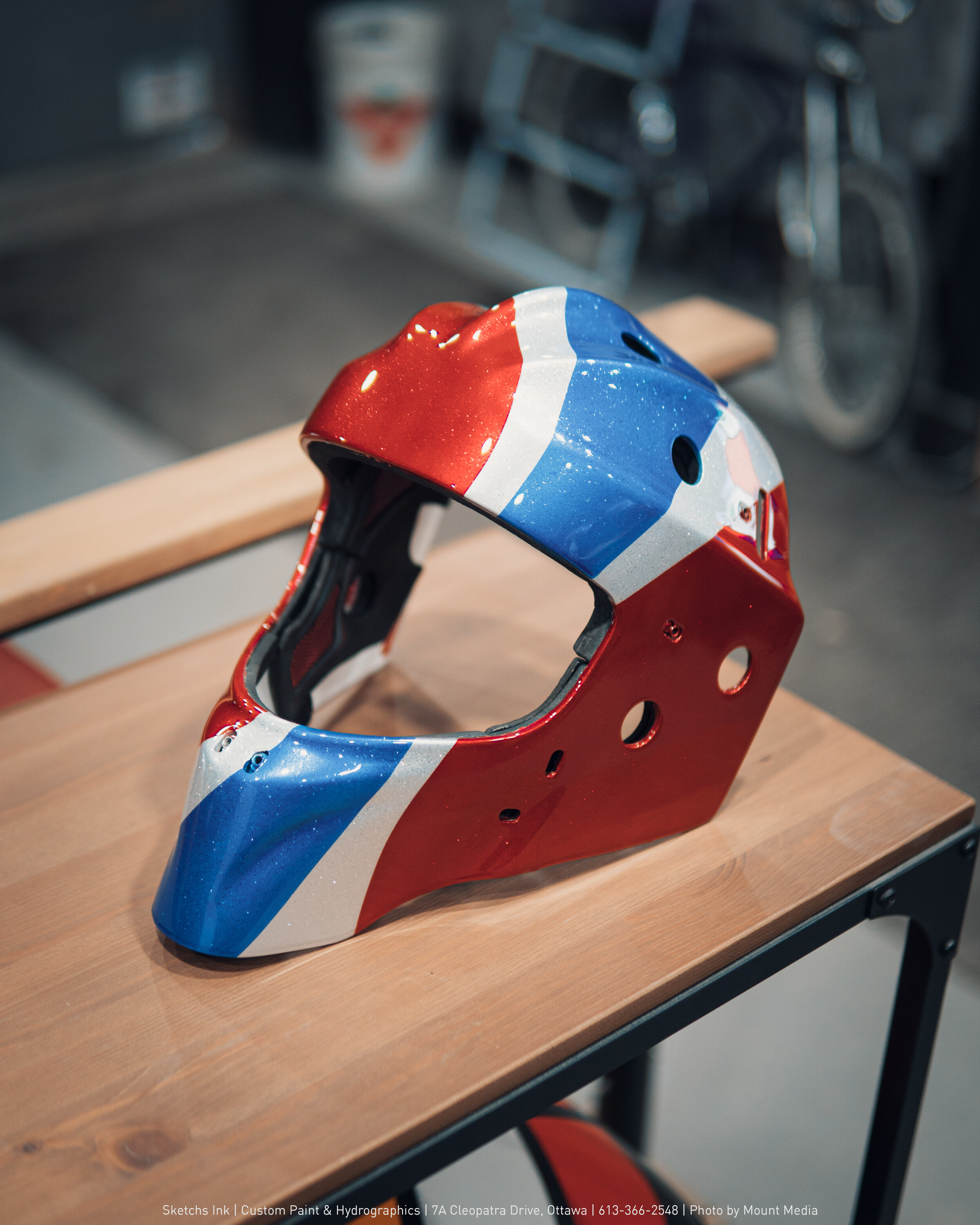 Goalie Mask: Custom Candy Red, White &amp; Blue Finish