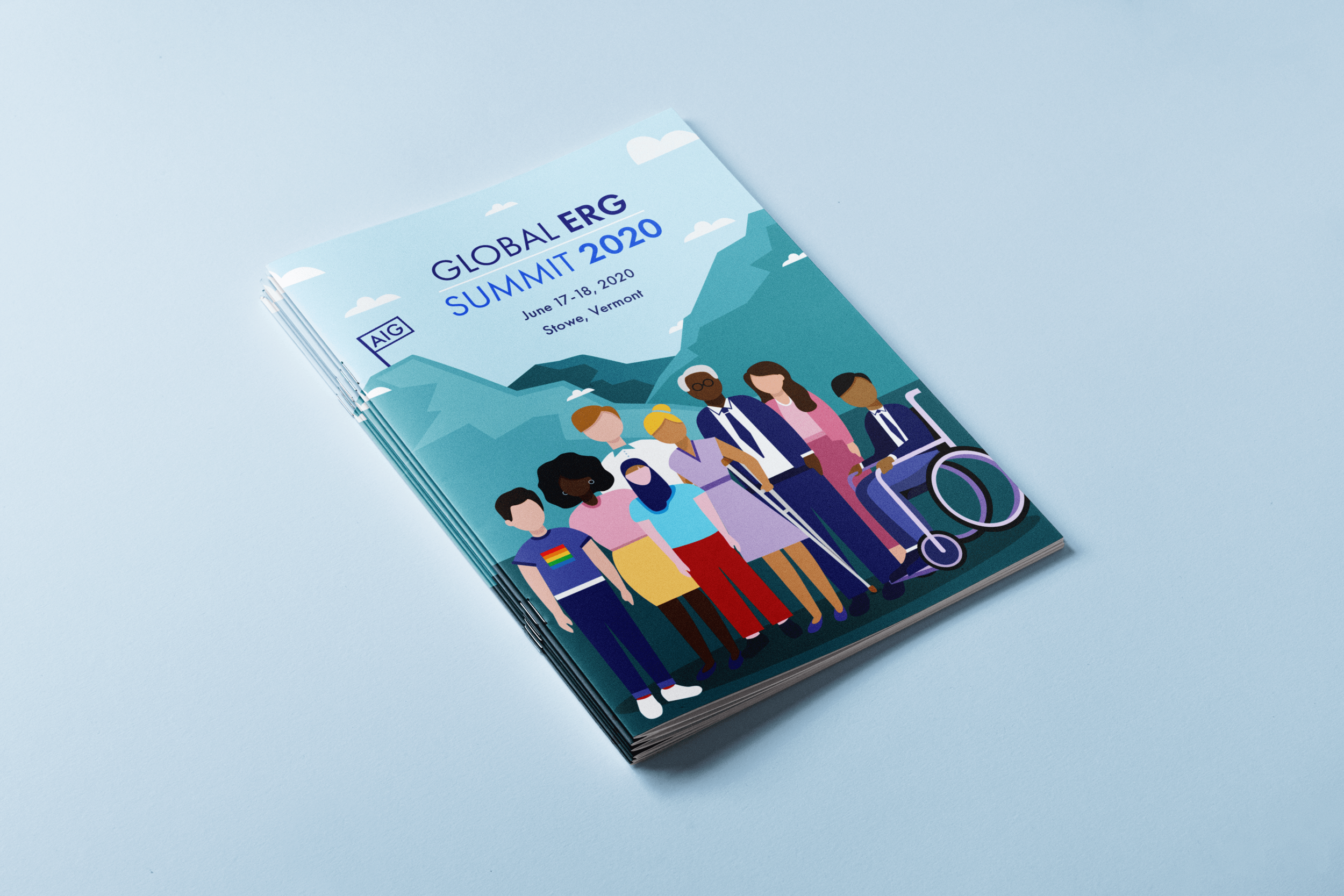  Illustrated pamphlet cover for 2020 AIG Employee Resource Group Summit in Stowe, Vermont. This event was canceled due to COVID-19. 