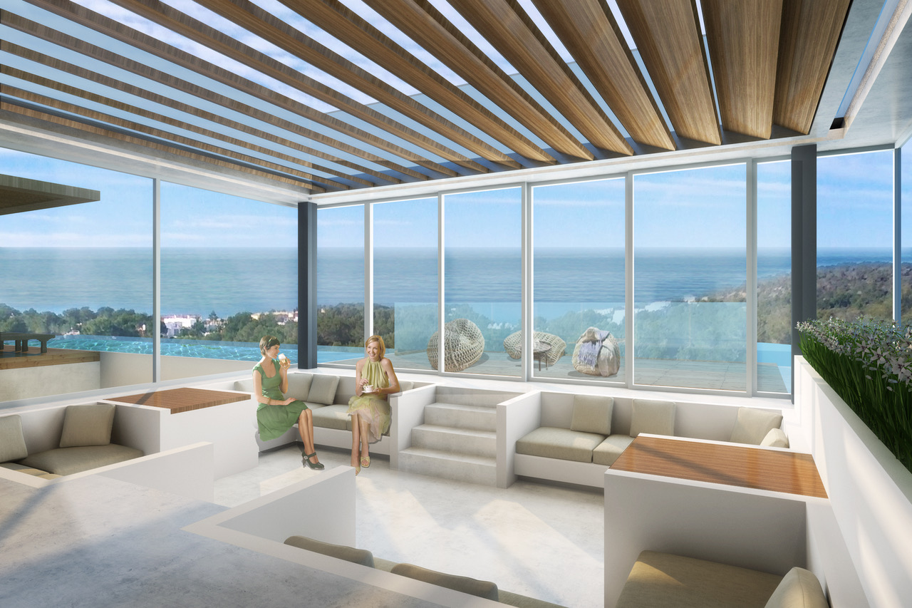  The structure, with three levels above ground, a large basement and a roof terrace with a hanging-glass-pool, contains three full-floor units with large terraces overlooking the sea and the typical landscape of Ibiza. The ground floor houses the living area and consists of a fluid, open space, designed in direct continuity with the wooden decked terrace and the infinity pool.