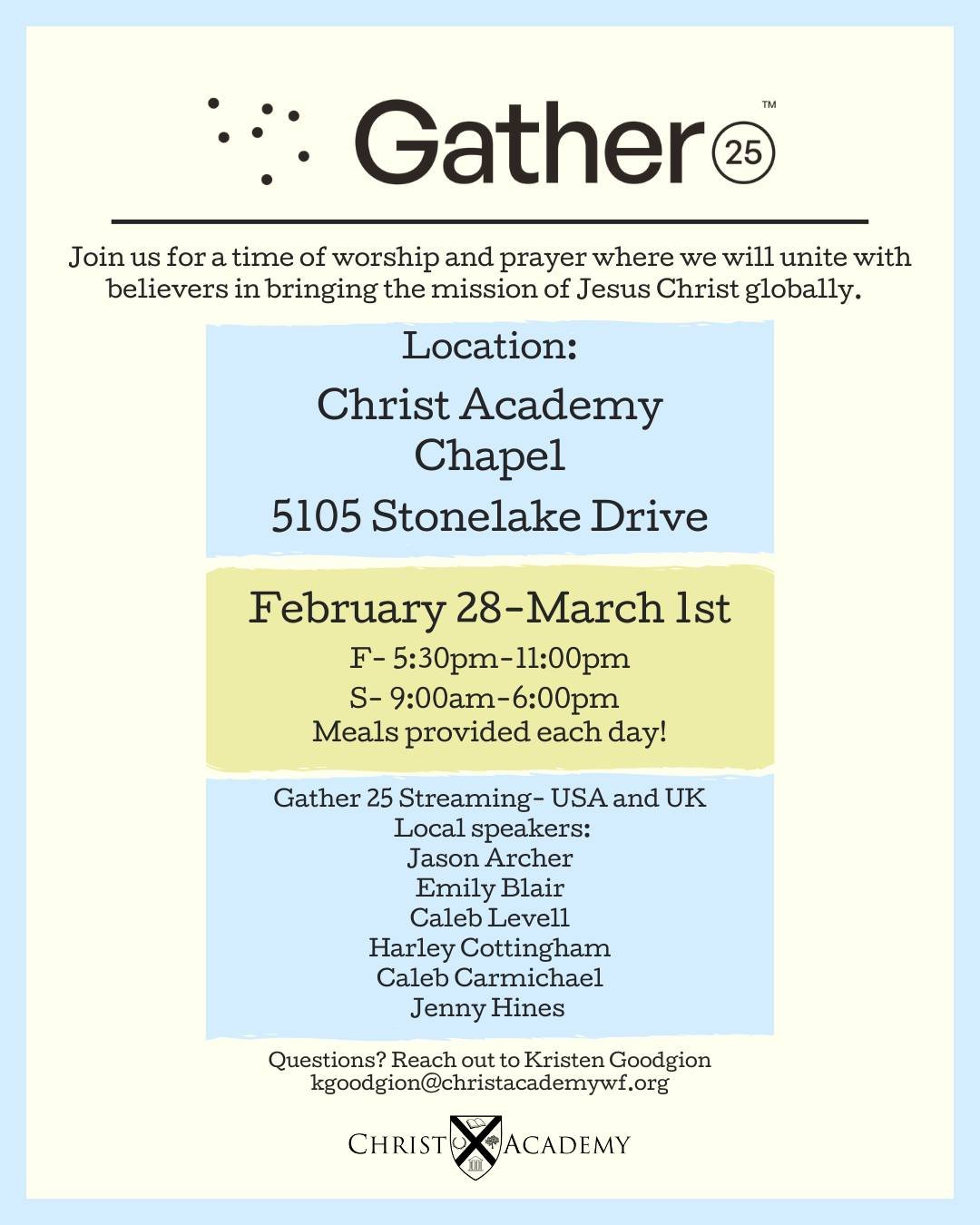 Gather25 is just two days away, and we can't wait to welcome high school students from Wichita Falls and the surrounding areas! Gather25 is completely free, so grab some friends and join us this Friday and Saturday as we hear from local and internati
