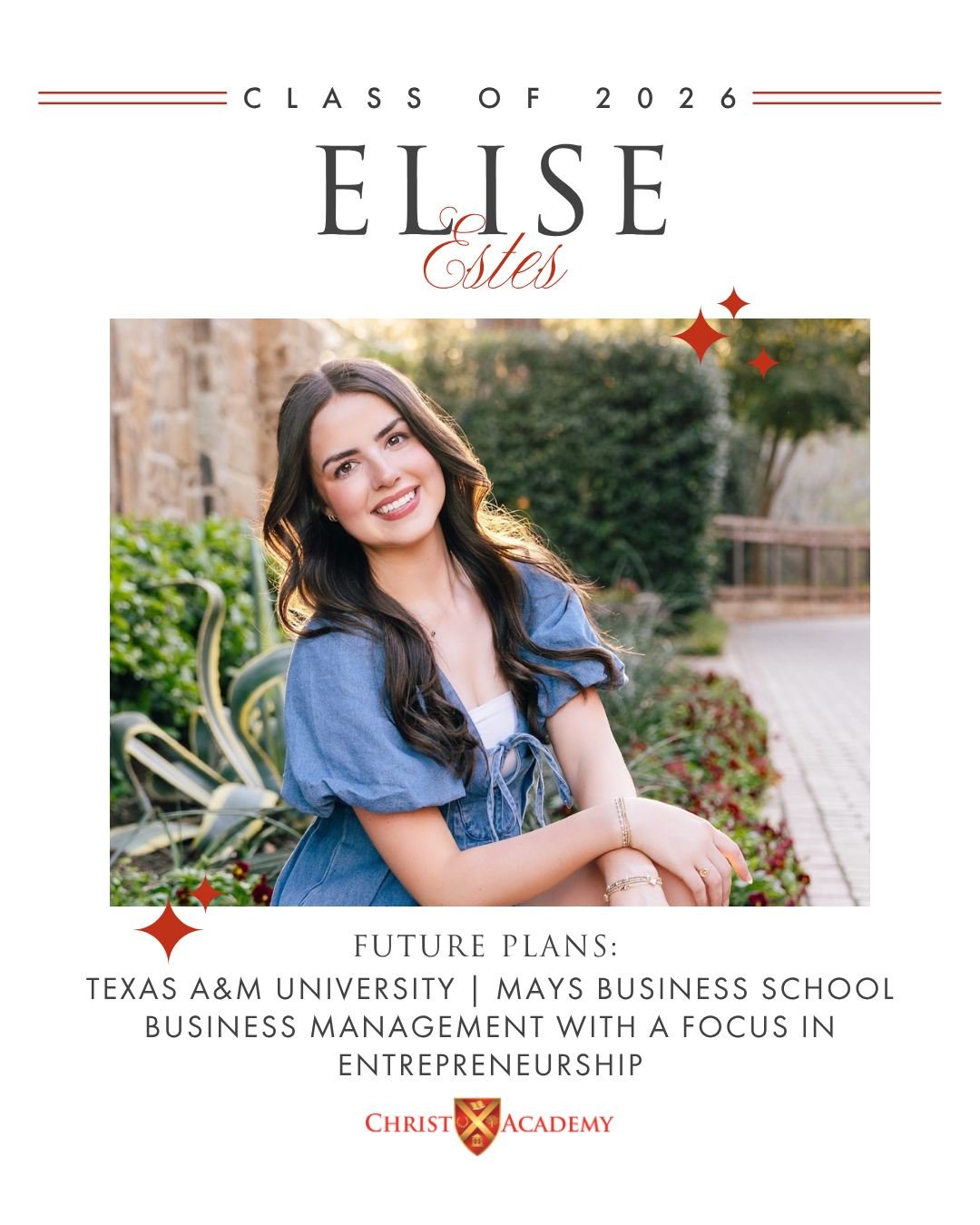WELL DONE, WARRIOR! We are kicking off our Senior Spotlight with one of our graduating seniors who has attended Christ Academy their entire academic career! Since EC3, Elise Estes has spent the last 15 years growing, competing, and making her mark at