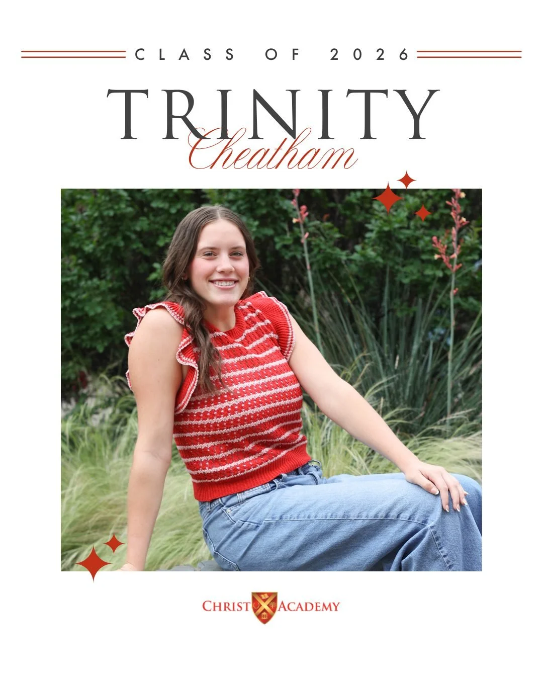 WELL DONE, WARRIOR!  In her two years at CA, Trinity Cheatham jumped right in and has been a light on our campus, serving, leading, and loving others well. From the classroom to the cafeteria to Early Education, her sweet spirit has made a lasting im