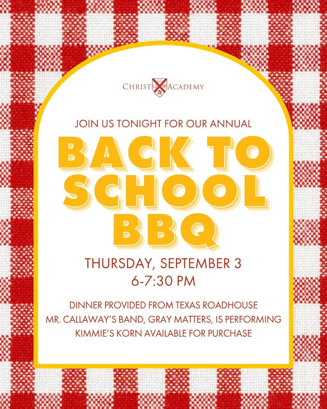 Warrior families, we can&rsquo;t wait to see you tonight at our annual Back to School BBQ from 6-7:30 p.m. Come hungry for dinner because we&rsquo;ll be serving up Texas Roadhouse BBQ and all the fixings. Enjoy meeting new families and catching up wi
