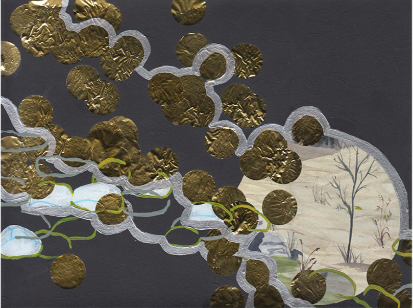  Walking in the Moonlight 
 2023, 9 x 12 in, Found drawing, paint and sequins on paper 