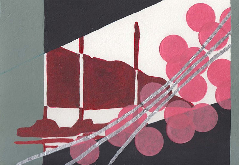  On the Dock 
 2023, 6 x 8.25 in, Found drawing, paint and sequins on paper 