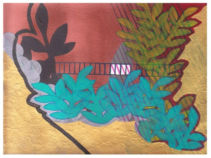  Blossoming Foliage 
 2023, 9 x 12 in, Paint, marker and sequins on paper 