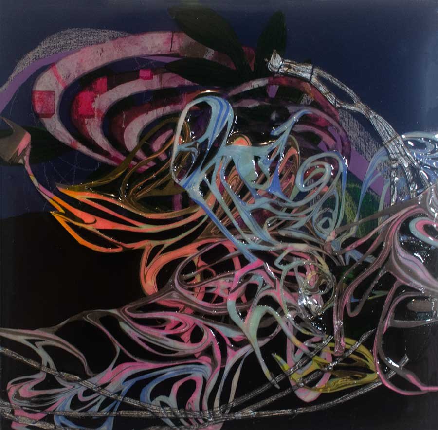  The Alien Cavern 
 2025, 6 x 6 in, Hand cut marbled paper, paint, colored pencil, and resin 