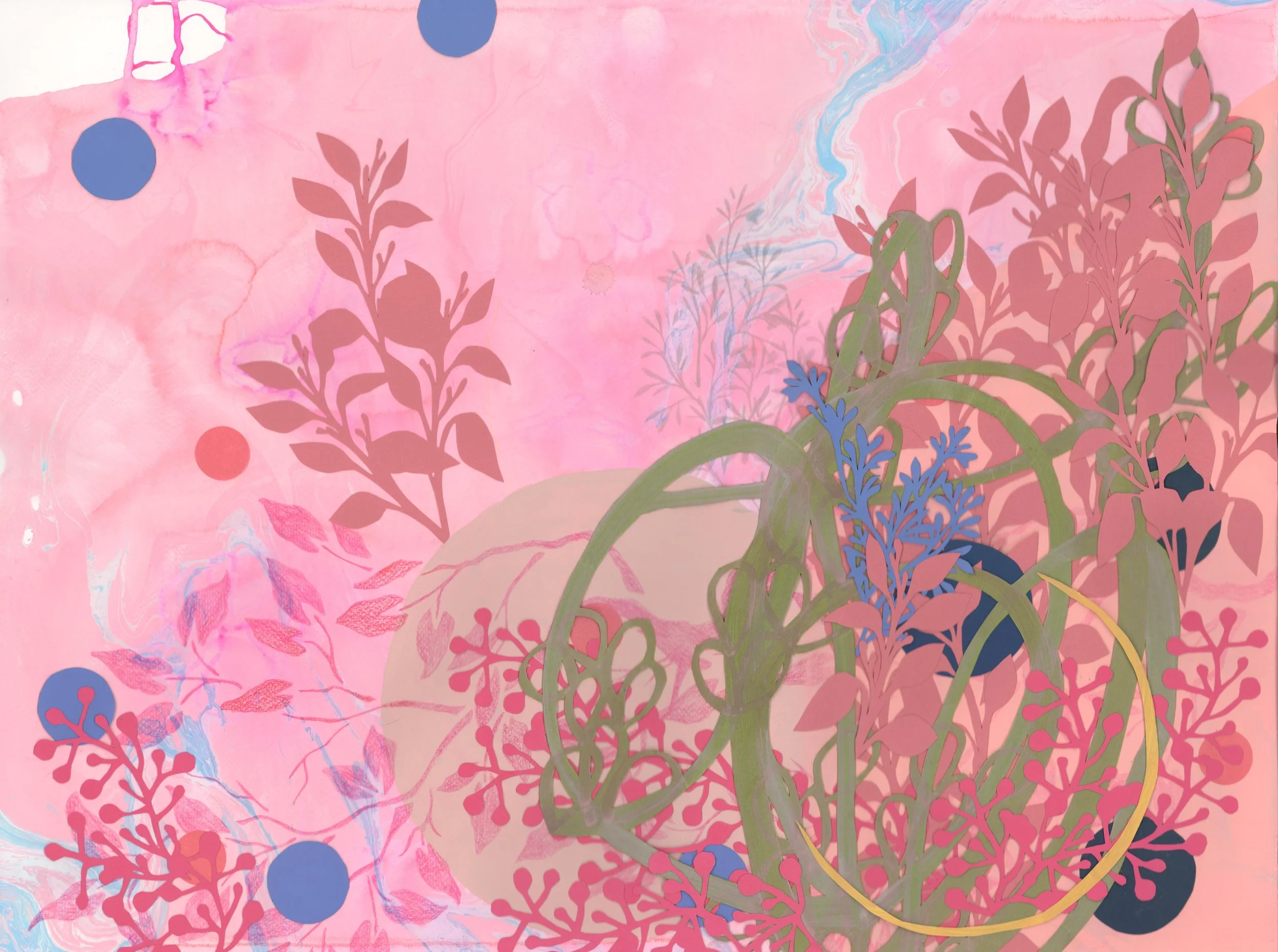  The Woodland in the Valley 
 2026, Paint and hand-cut paper on marbled paper, 17.75 x 23.75 in 