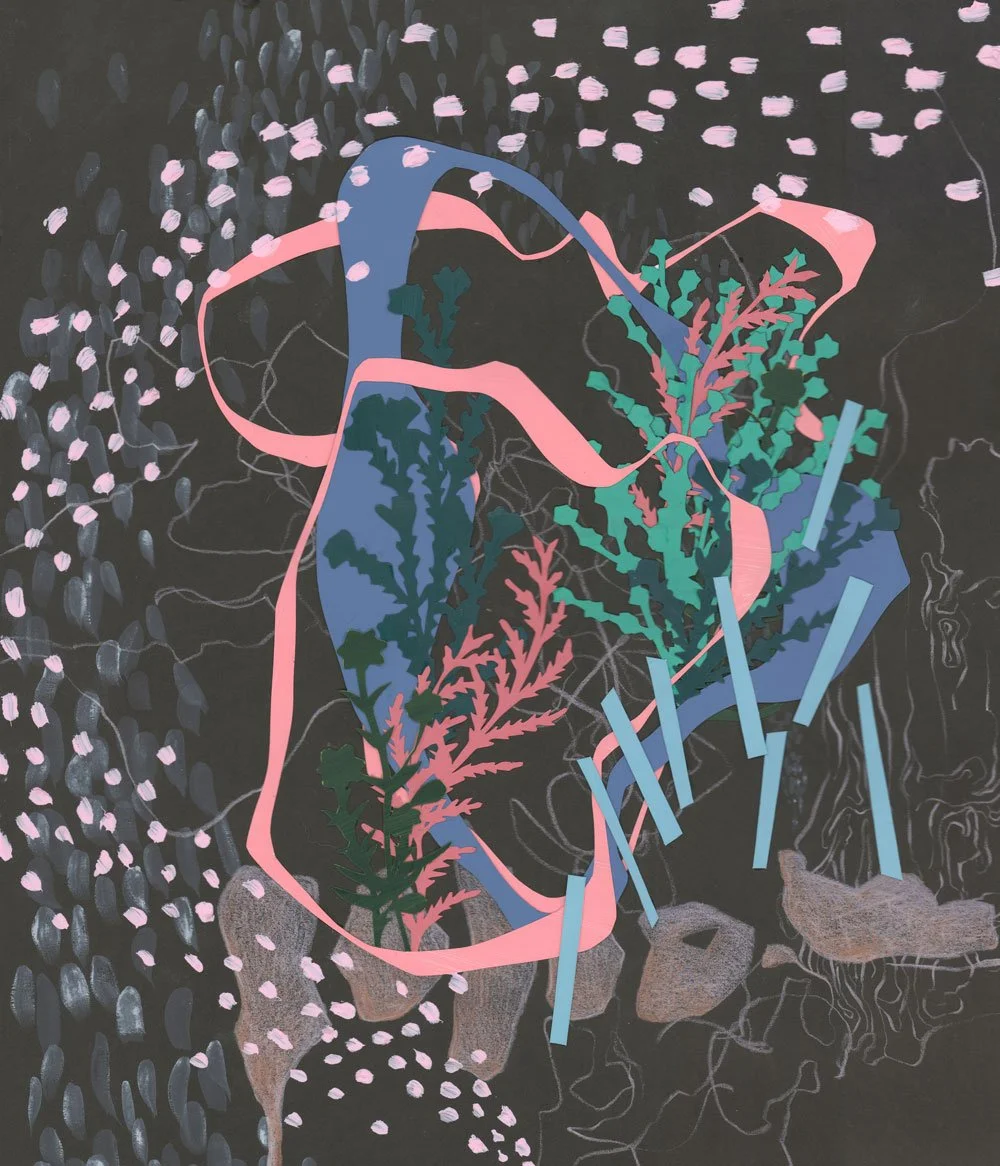  Follow the Trail 
 2026, Colored pencil, paint and hand-cut paper, 18.5 x 15.5 in 