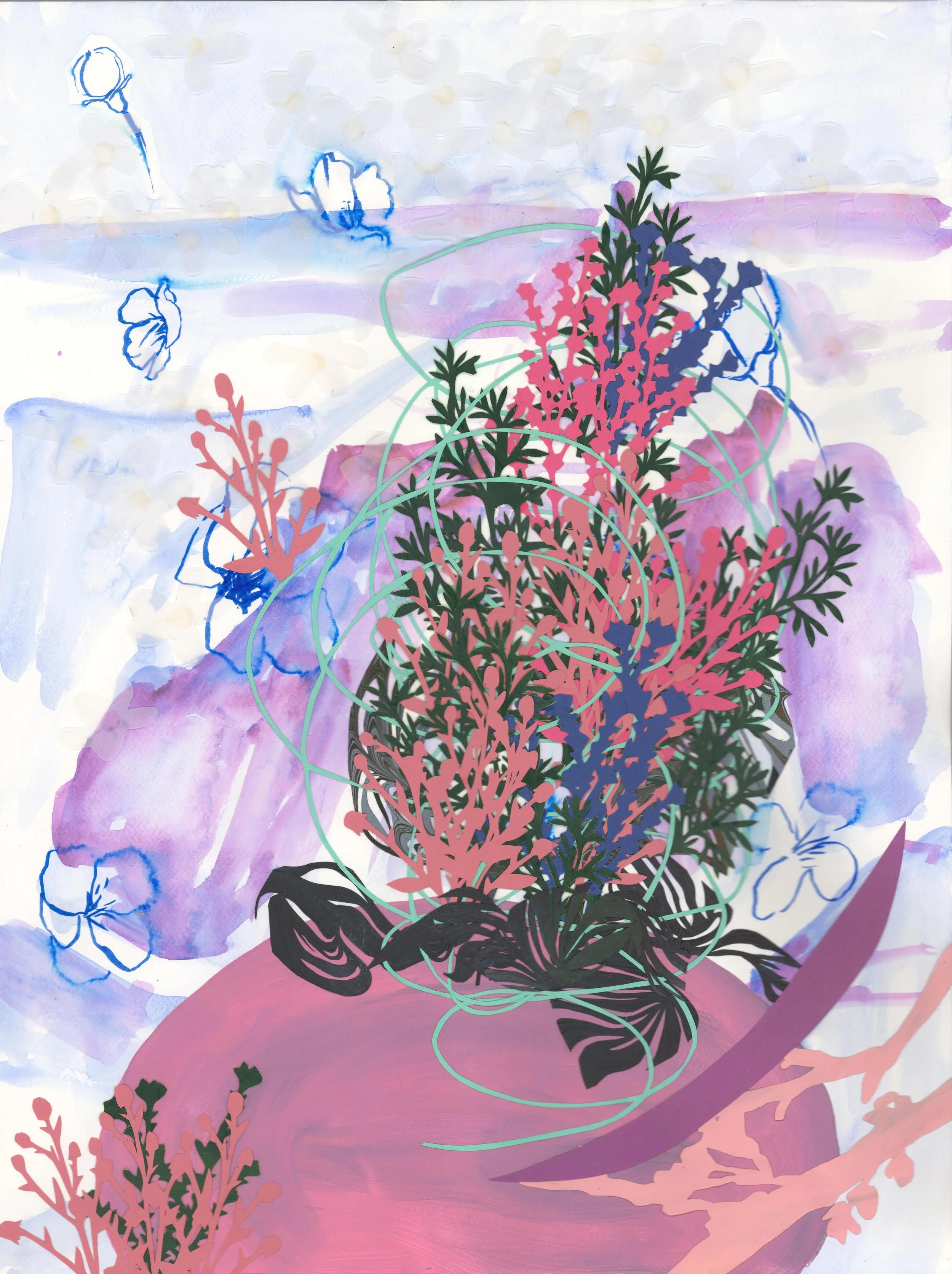  Windswept 
 2026, Watercolor, marker, paint and hand cut paper, 24 x 18 in 