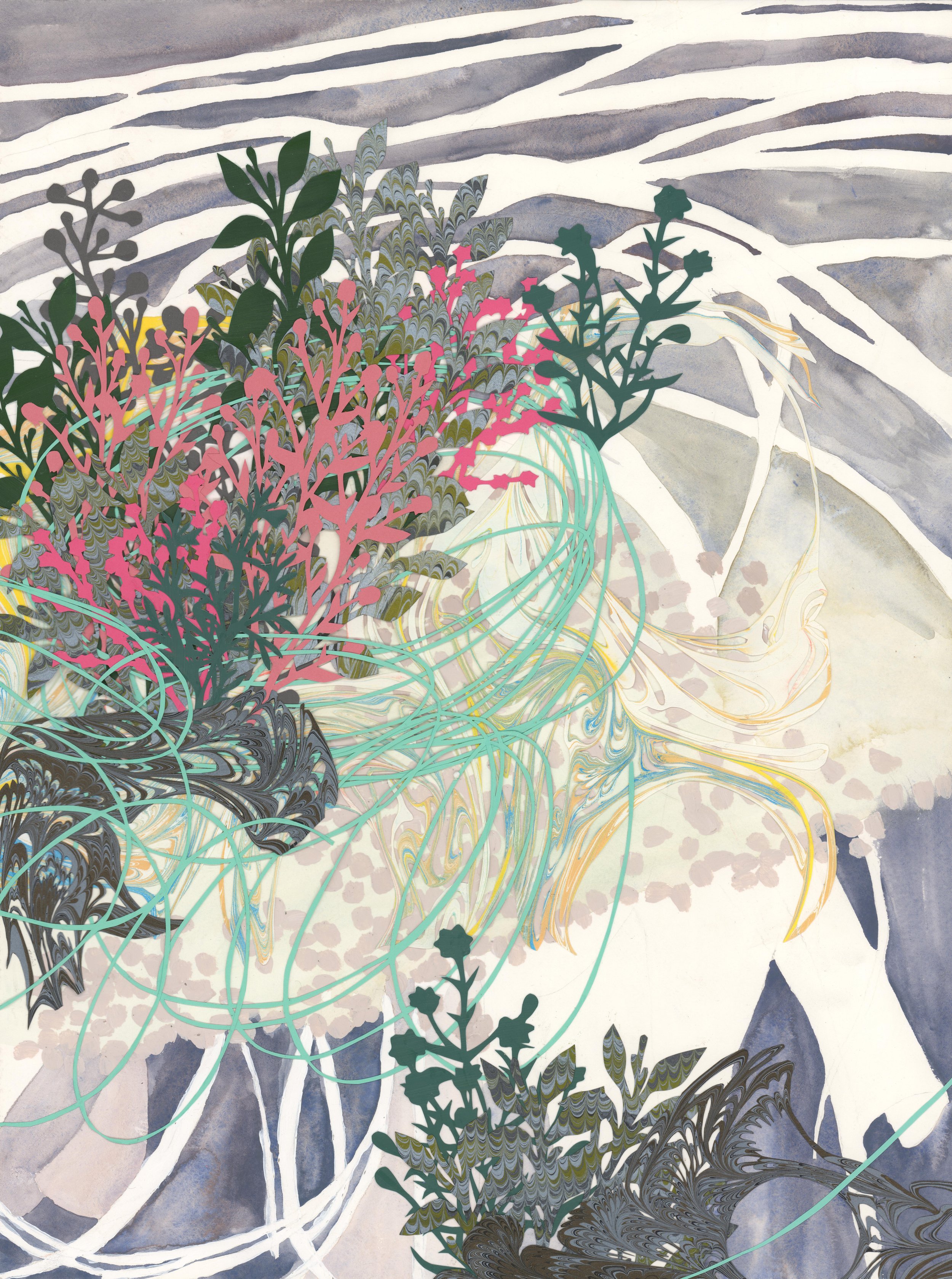  The Meandering 
 2026, Paint, hand-cut paper and marbled paper, 24 x 18 in 