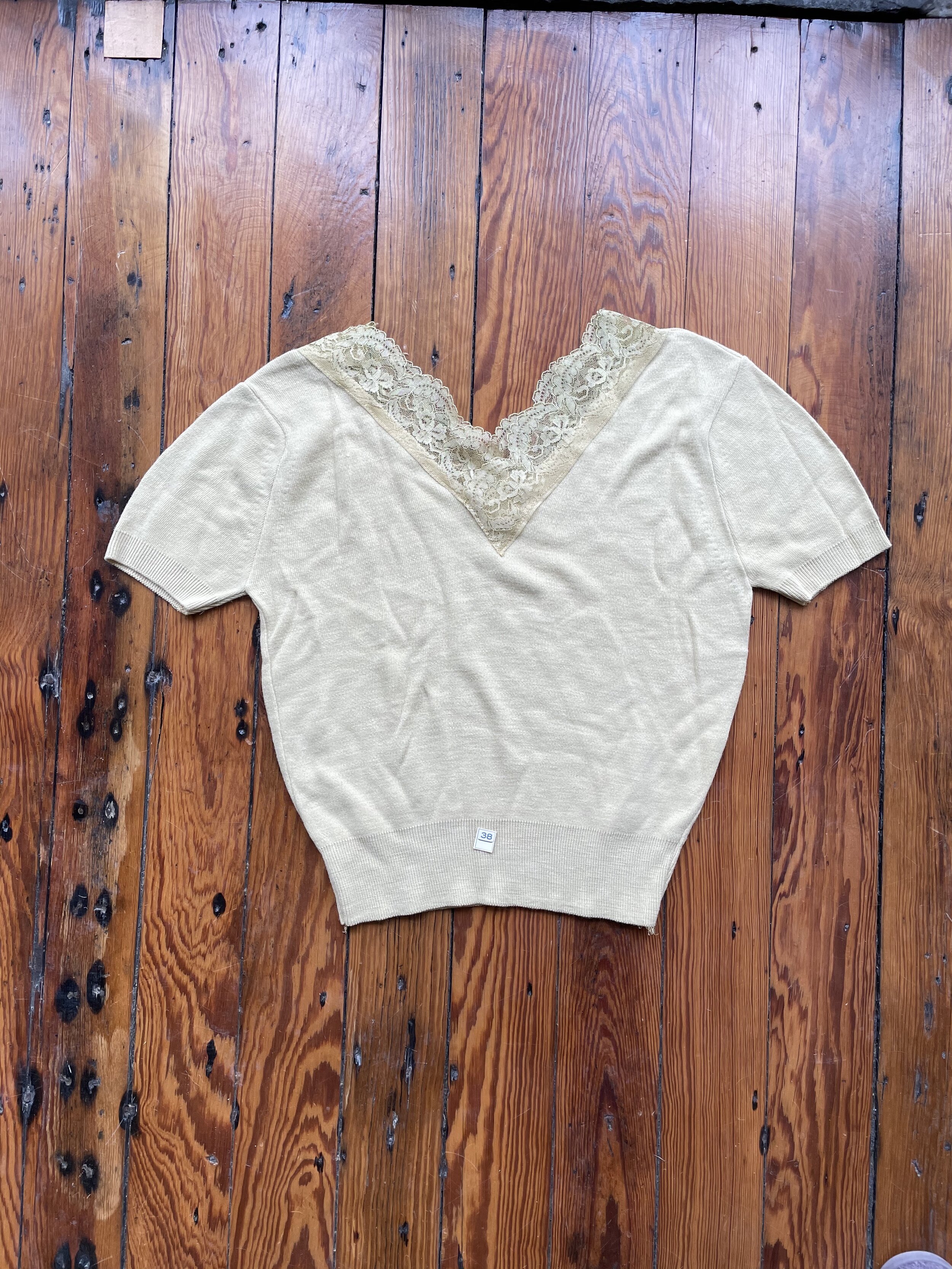 1960s Deadstock Golden Sweater with Lace Neckline