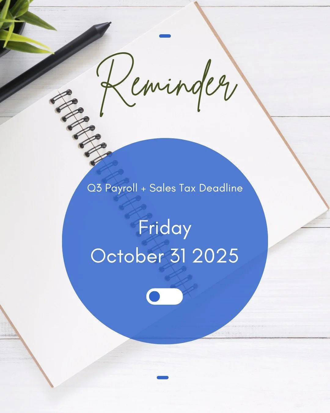 ✨ Deadline Reminder ✨
🗓️ Payroll + Sales and Use Taxes Q3 2025 due October 31, 2025
➜ Reporting Period: July, August, September
📎 - https://edd.ca.gov/en/payroll_taxes/Due_Dates_Calendar/
📎 - https://cdtfa.ca.gov/taxes-and-fees/sales-use-tax-ret