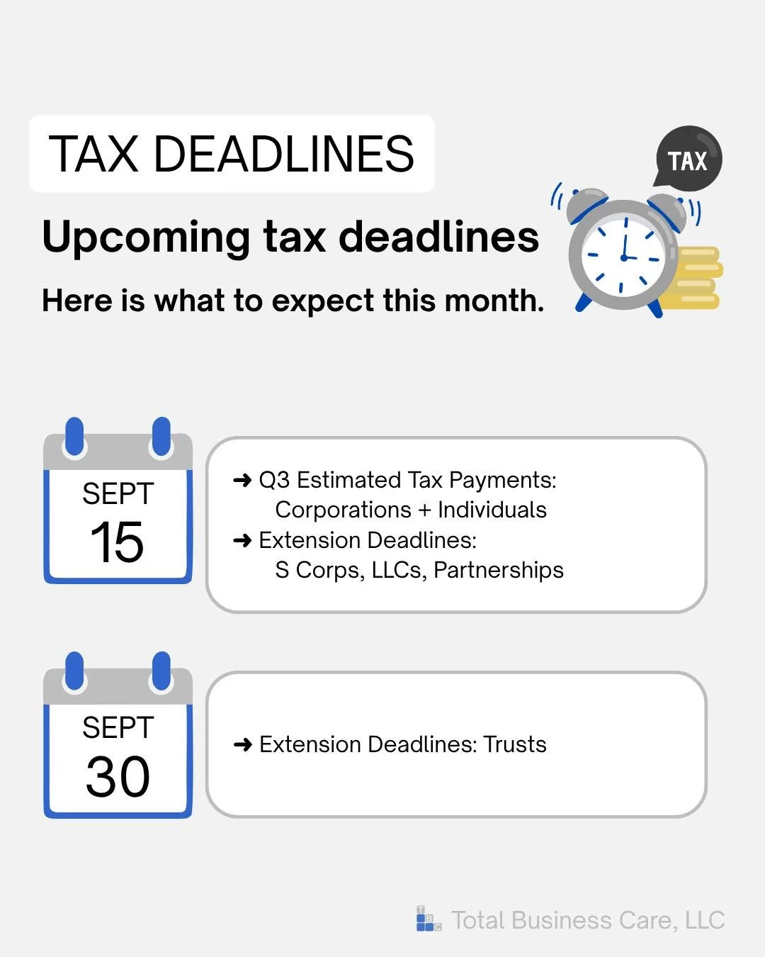 Here are the deadlines to expect for this upcoming month.

Any questions? Please call our office! We would be happy to help!