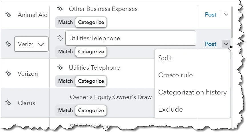 QBO snapshot of categories