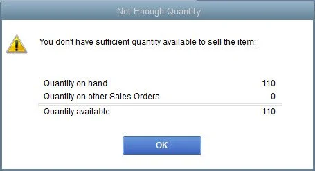 QuickBooks alerts you if you try to sell stock you don’t have.