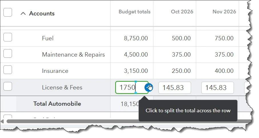 Screenshot from QBO regarding expense categories.