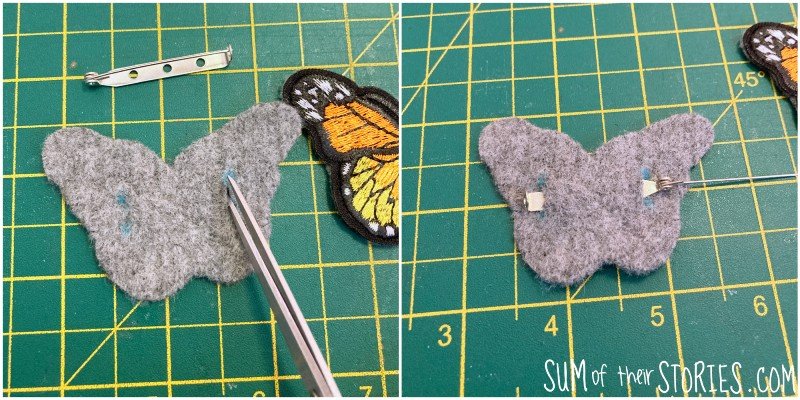 2 photos showing how to add a brooch bar to a felt brooch