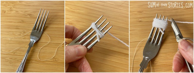 using a fork to make mini pom poms