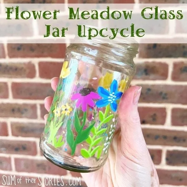 upcycled glass jar with a pretty flower meadow design