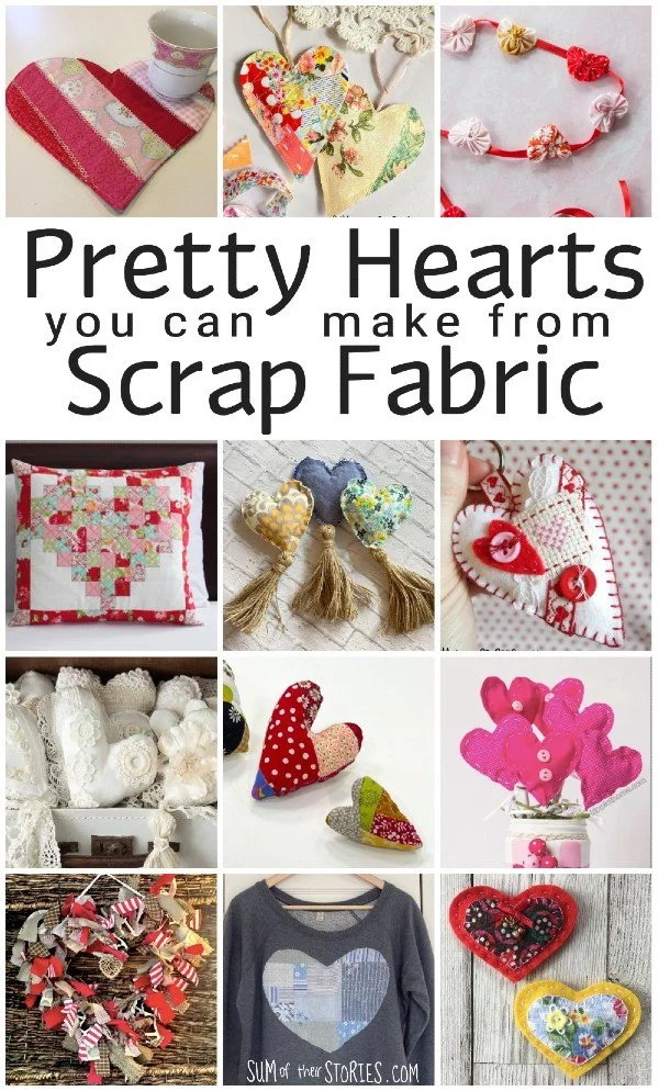 lots of scrap fabric hearts in a collage