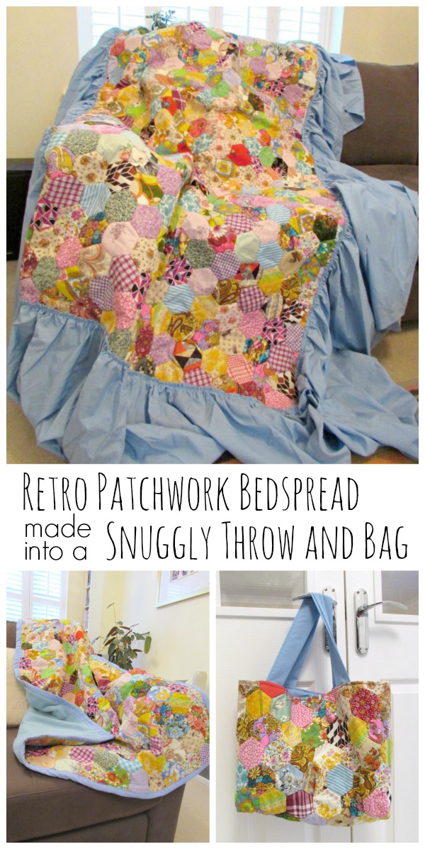 Retro patchwork bedspread made into a snuggly throw and bag