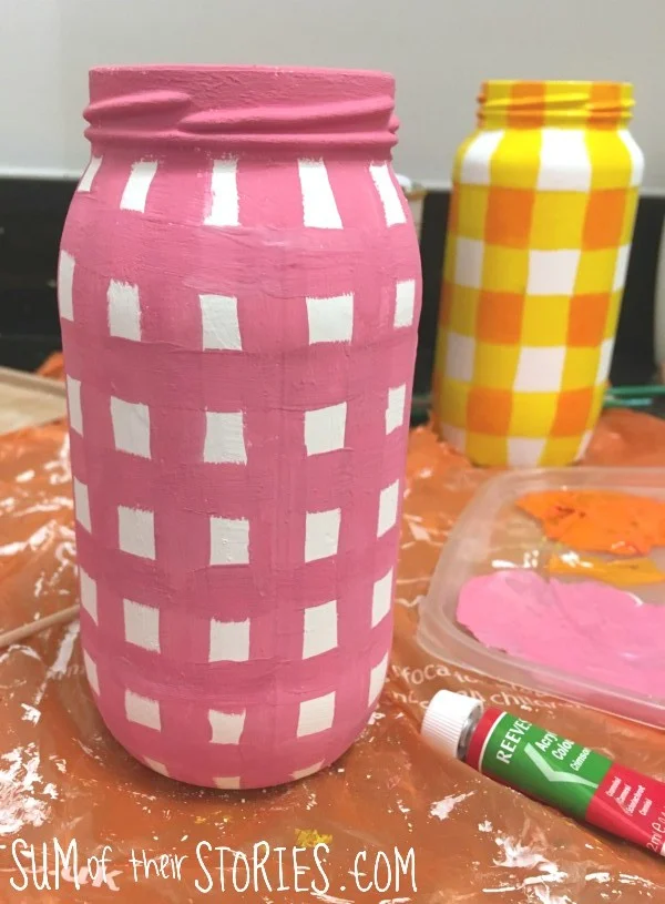 gingham painted glass jars
