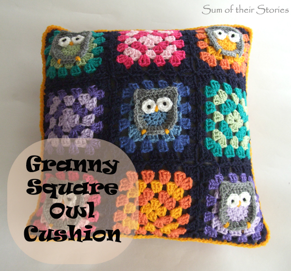 granny square cushion with owls