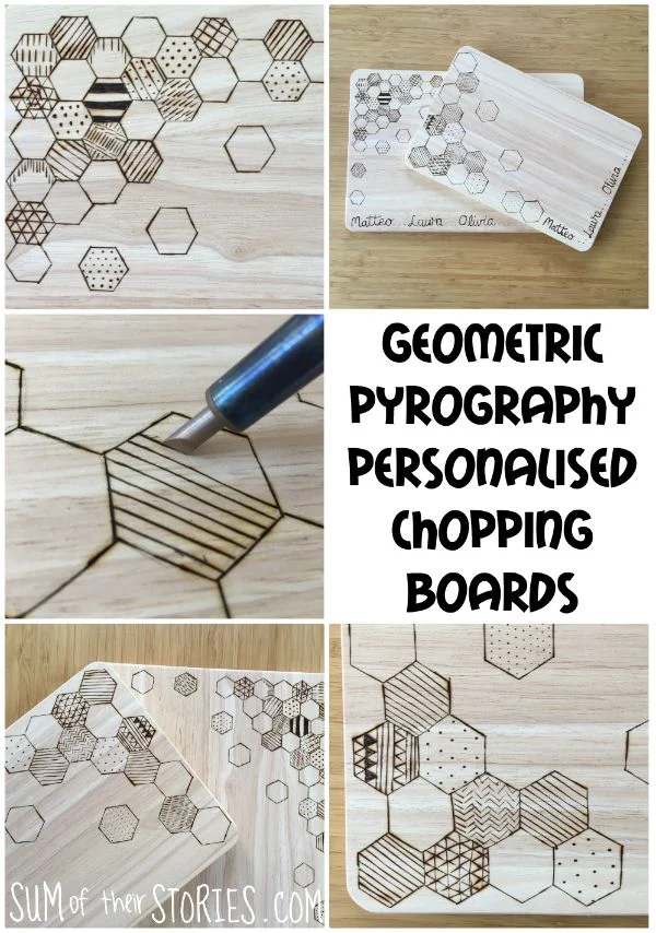 Geometric pyrography personalised chopping board