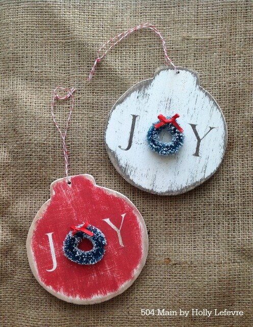 wood joy ornament red and white together on burlap.jpg