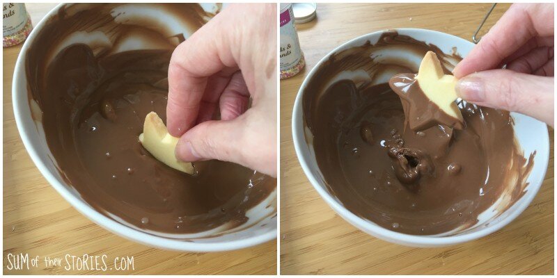 Dipping biscuits in chocolate