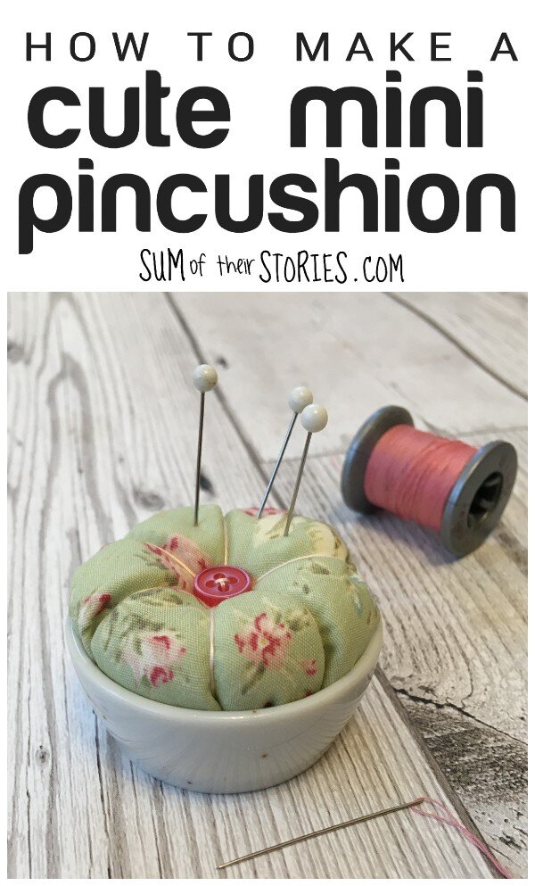 A sweet mini pincushion made from an old ceramic trinket pot