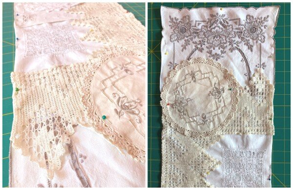 doilies pinned to a base fabric
