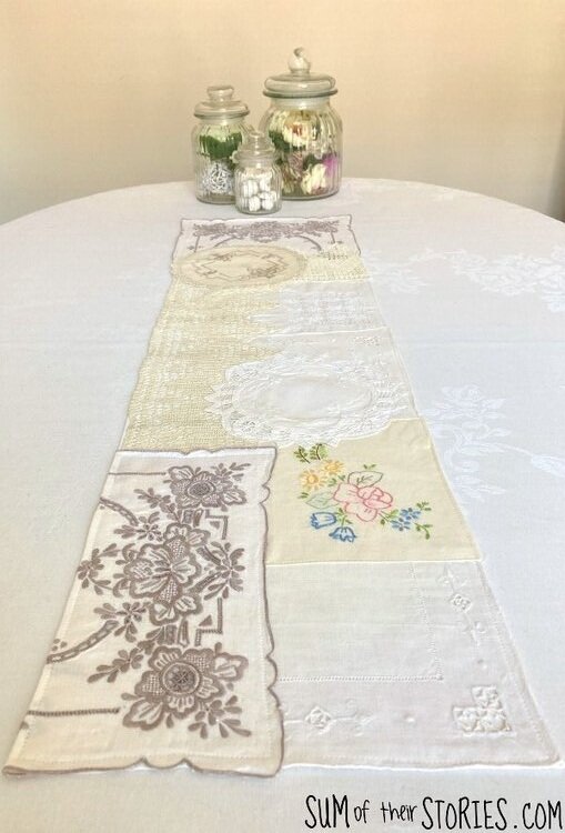 table runner made from vintage doilies