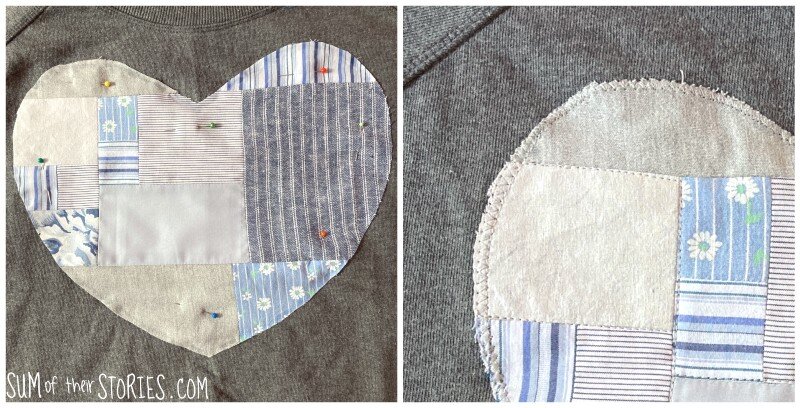 a grey patchwork heart attached to a sweatshirt to give it a new look