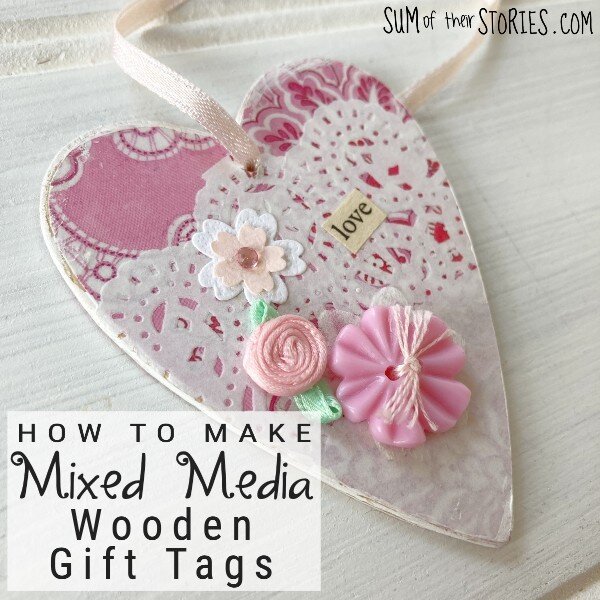 Mixed media gift tag with pink paper, buttons and a paper doily