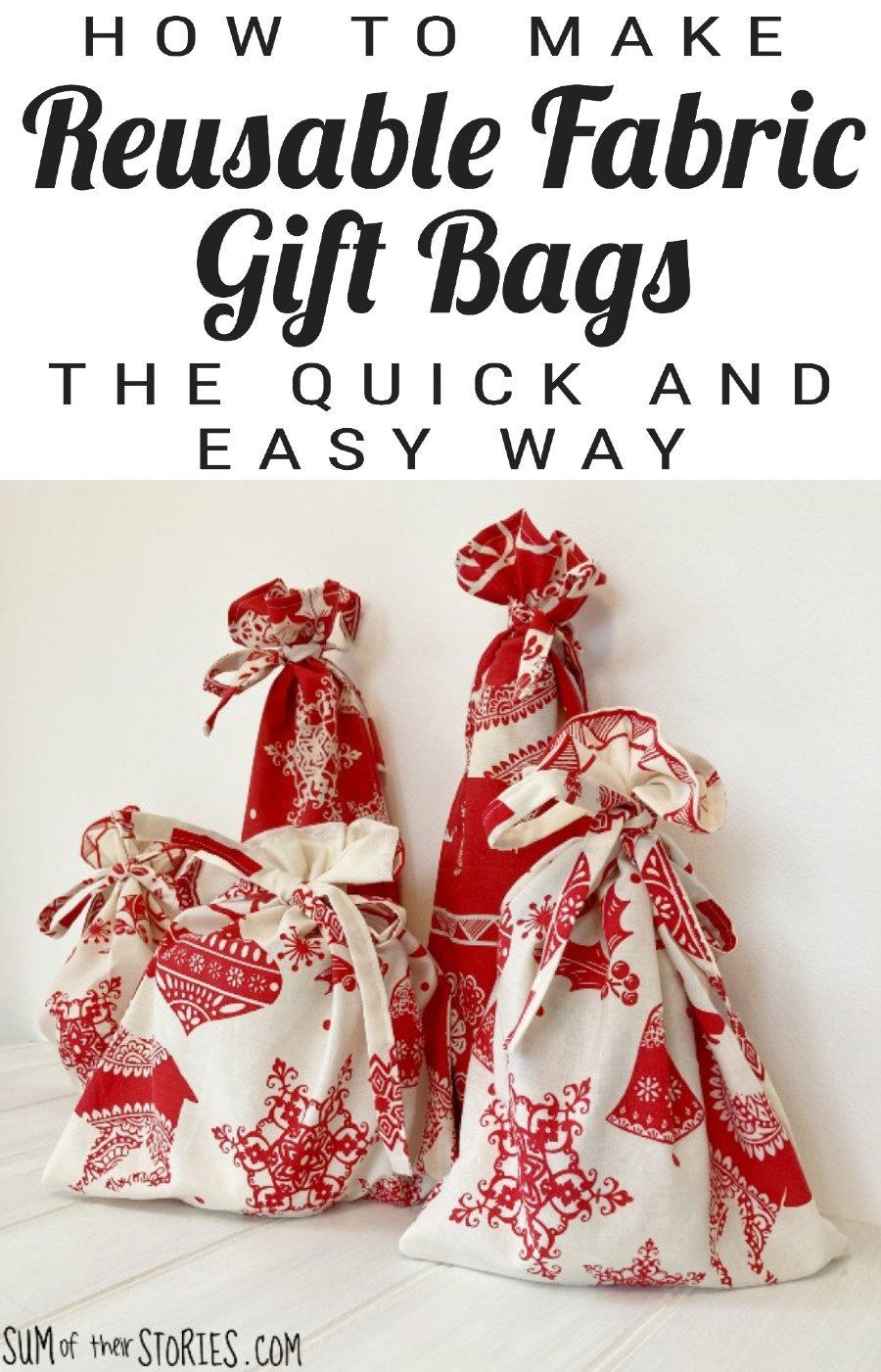 a collection of fabric reusable gift bags