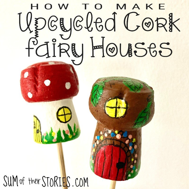 2 painted fairy houses made from old corks