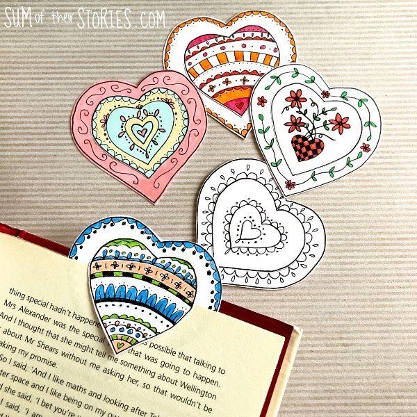 heart shaped book marks covered in doodles