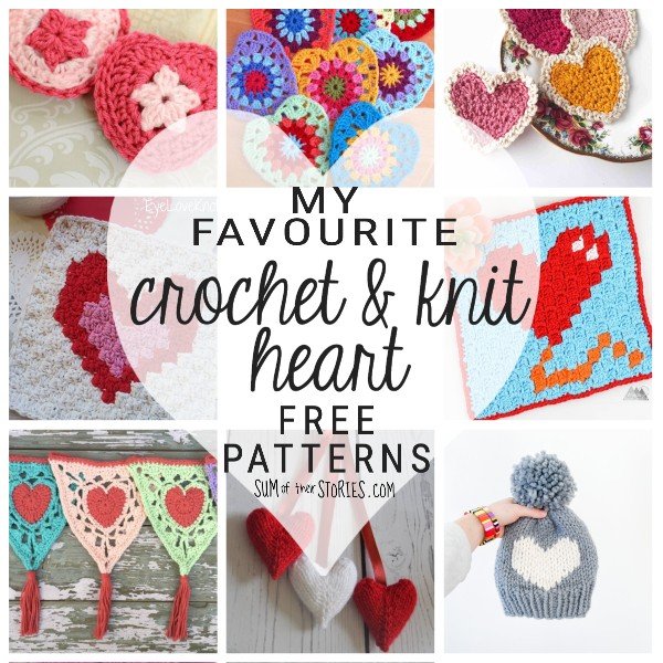 A collage of knitted and crochet hearts