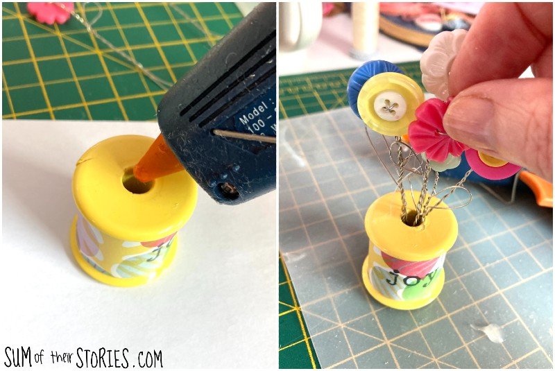 How to make a button bouquet in an empty cotton reel — Sum of
