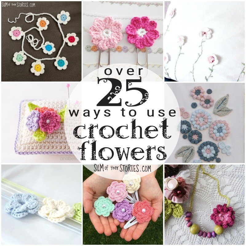 a collage of different craft ideas that all use crochet flowers