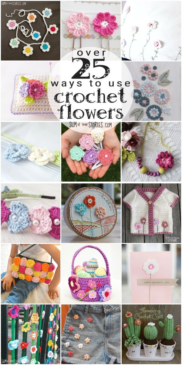 a collection of crochet flowers used for different crafts