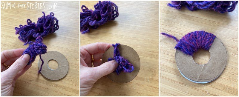 making a pom pom with cardboard rings and purple yarn