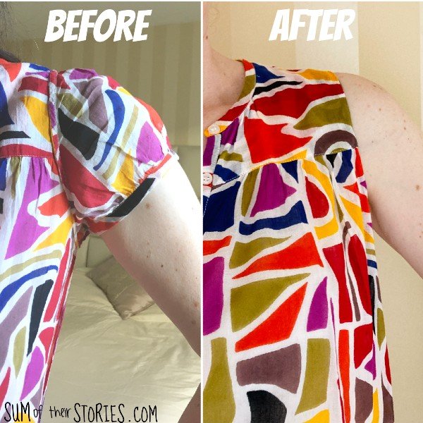 Before and after photos of a summer top with the sleeves removed to give more movement