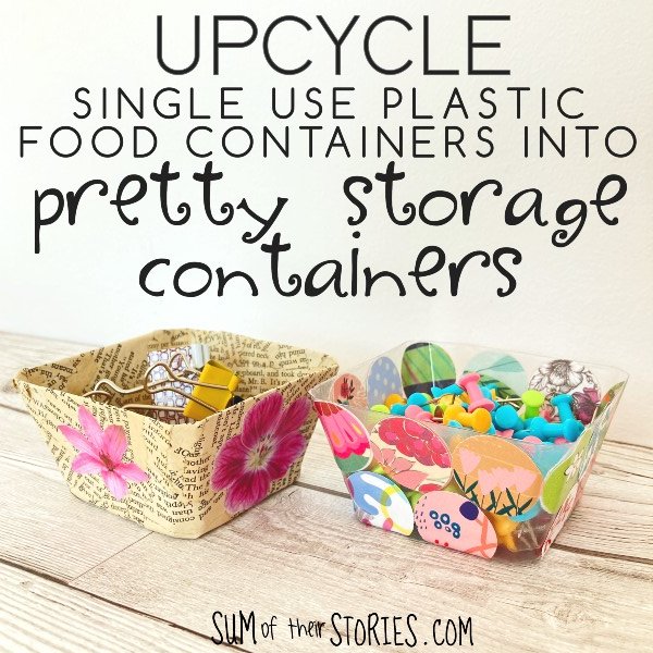 2 small storage tubs upcycled from plastic food containers decorated with paper
