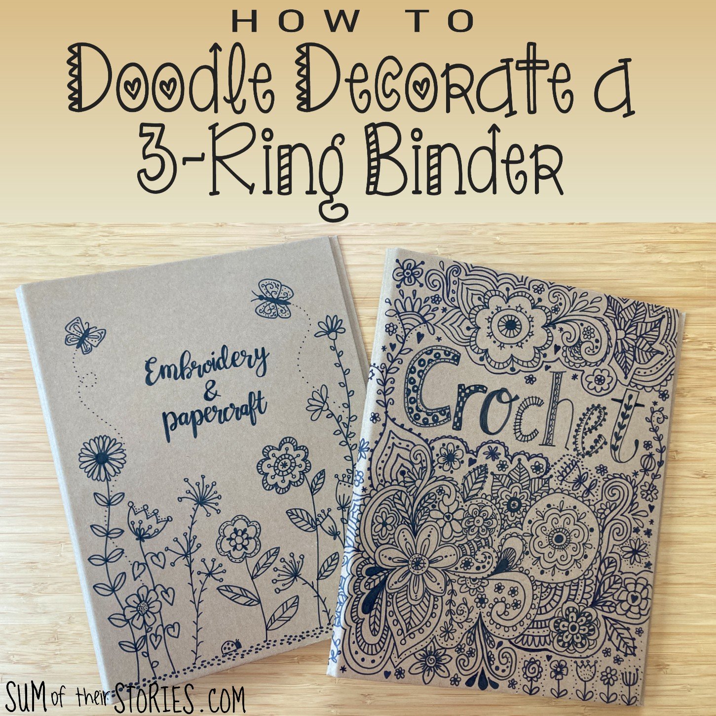 2 kraft 3 ring binders heavily decorated with pretty doodles