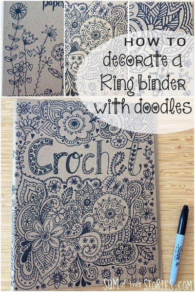 A plain ring binder decorated with pretty doodles