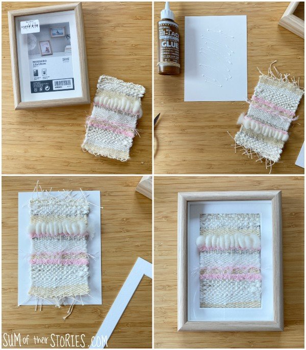 step by step photos showing how to mount a small weave in a box frame