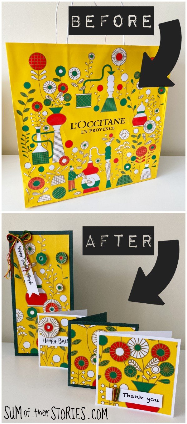 A pretty paper bag from l'occitane and 4 greeting cards made from the bag with instructions